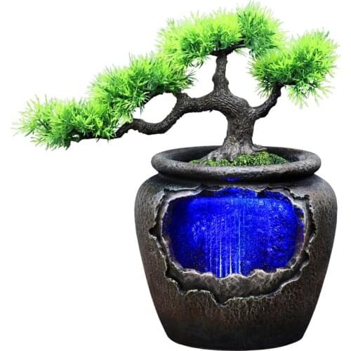 Indoor Lucky Feng Shui Tabletop Landscape Waterfall Decor Resin Simulated Flower Pot Plant Flowing Water with 7-color LED Change