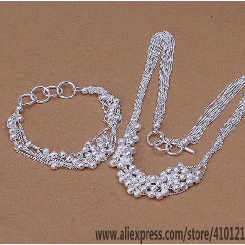 S142 Hot sale free shipping silver fine jewelry sets,925 Jewelry Silver charms fashion Six Strands Shine Ball Bracelet Necklace