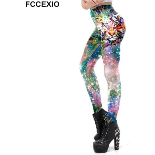 FCCEXIO New Women Leggings Women Galaxy Tiger Head Printed Workout Legging Colorful Fitness Leggins Puls Size Fashion 3D Pants