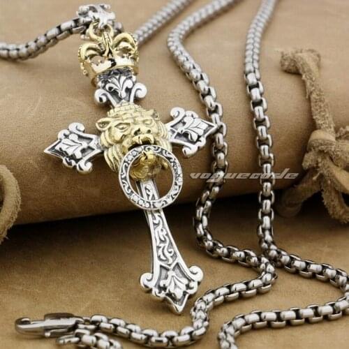 LINSION Rasta Brass Crown Lion 925 Sterling Silver Cross Mens Biker Rock Punk Pendant 9F023
