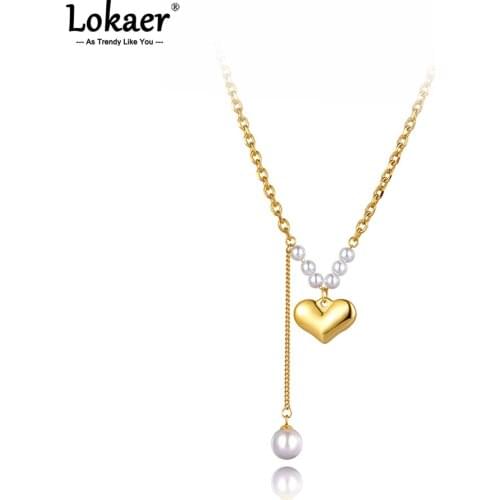 Lokaer Fashion Goth Stainless Steel Lovely Heart Charm Pendant Necklaces Bohemia White Pearl Choker Necklace For Women N21107