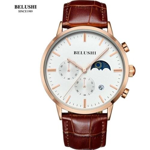 BELUSHI Leather Men Watch High Quality Top Brand Luxury Chronograph Moon Phase Waterproof Quartz Watches Relogio Masculino