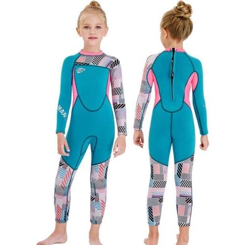 2.5mm Neoprene Kids Patchwork Wetsuit One-piece Full Length Back Zipper Diving Suit for Girls Swimming Kayak Blue Surfing Suit
