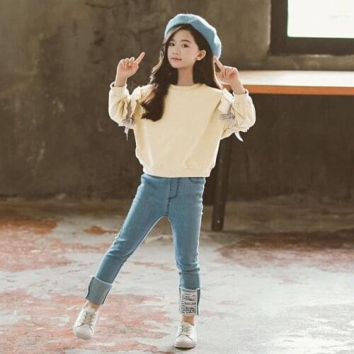 Toddler Girl Clothes Two-piece New Style Children Korean-style Fashion Girl Hoodie Cowboy Trousers Two-Piece