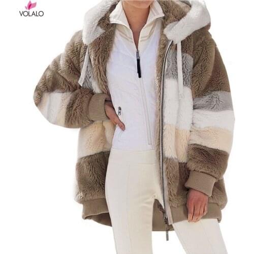 2021 New Women Winter Contrasting Plush Padded Coat Loose Fit Zipper Closure Hooded Coat Various Color Outerwear for Women