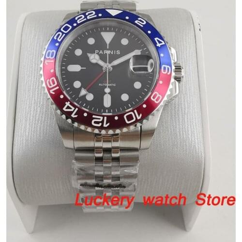 Parnis 40mm black dial red GMT luminous marks Blue and red Bezel sapphire glass automatic Mens Watch-PA94