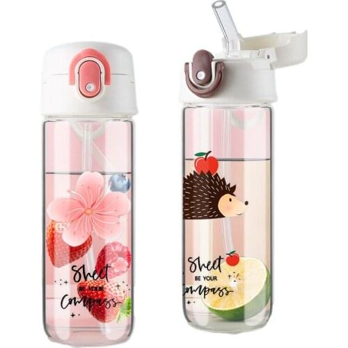 Transparent Straw Glass Water Bottle Cartoon Portable Adult Child Cute Straw Cup Leakproof Travel Drinkware Student Gift Cups
