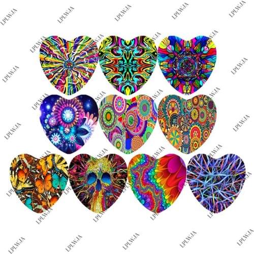 Zdying Handmade Mixed Colorful Painting Abstract Heart Shape Glass Cabochons Photo Cover Pendant Cameo Settings Jewelry Findings