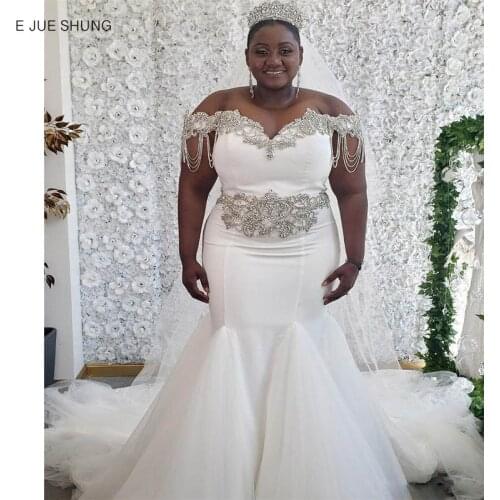 E JUE SHUNG White Tulle Mermaid Crystals Luxury Wedding Dresses Off the shoulder Lace Up Back Bridal Gowns Wedding Gowns