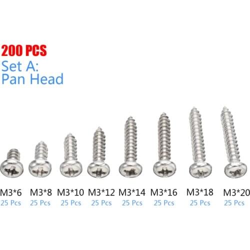 200pcs New M3 Self Tapping Screws Stainless Steel Pan Flat Head Self-Tapping Screws 8 Sizes Assortment Kits