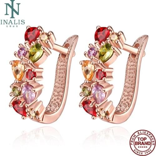 INALIS Geometric Stud Earrings Fashion Multicolor Zircon Earrings For Women Romantic Jewelry Anniversary Gift For Girlfriends