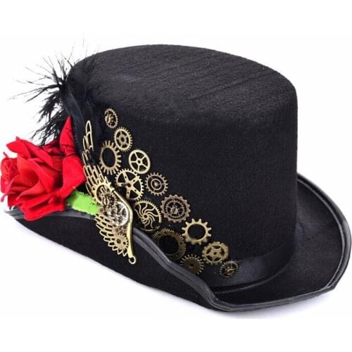 Steampunk Rose Flower Wing Feather Gear Top Hat Retro Prom Performance Cosplay Halloween Hat