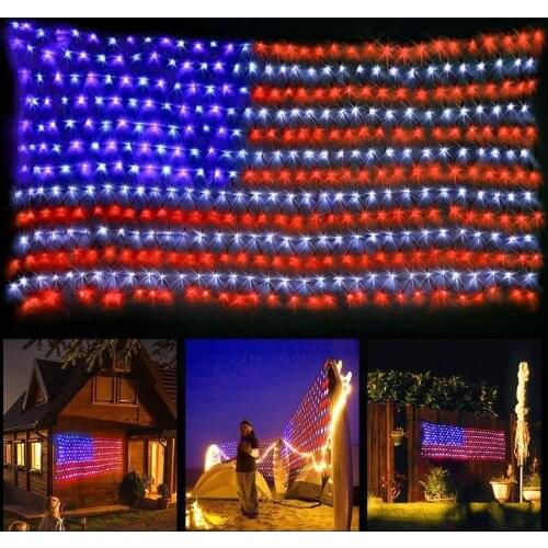 LED Net American Flag LED String Light 8 Mode USA Flag Net Light Outdoor Independence Day Festival Decoration 6.56*3.28FT D30