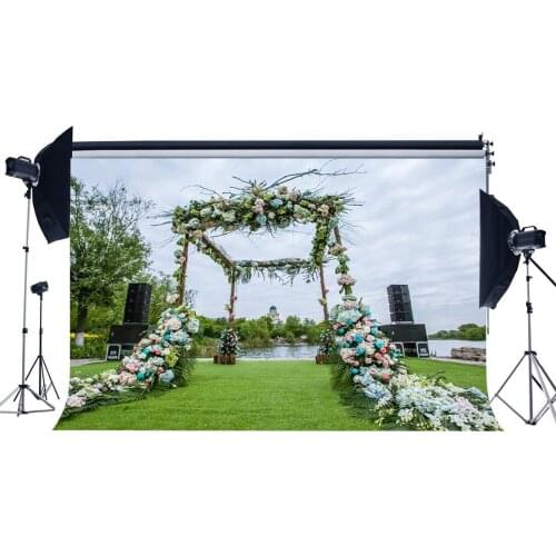 Spring Wedding Backdrop Fresh Rose Flowers Trees Green Grass Meadow River White Cloud Nature Outdoor Romantic