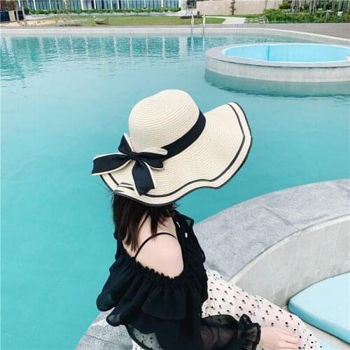 CANZE Women Summer New Style Bowknot Straw Hat Beach Shade Sunscreen Big Brim Hat Handmade Sun Hat
