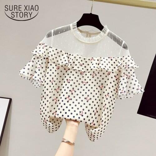 Printed Chiffon Shirt Womenshort Sleeves Summer Korean Off-the-shoulder Blouse Polka Dots Sexy Sweet Office Lady Ruffles 14853
