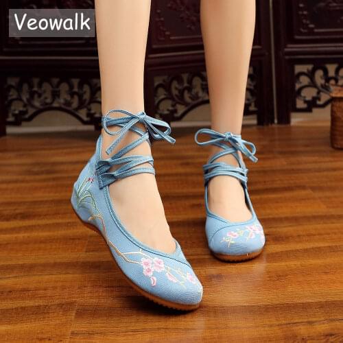 Veowalk Ankle Strap Women Chinese Embroidered Canvas Ballet Flats Comfortable Ladies Casual Cotton Embroidery Ballerina Shoes