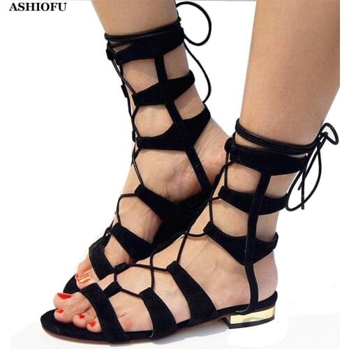 ASHIOFU Handmade Womens Sandals New Sexy Back-to-school Summer Shoes Cross Straps Party Daily Wear Fashion Sandals Shoes Black