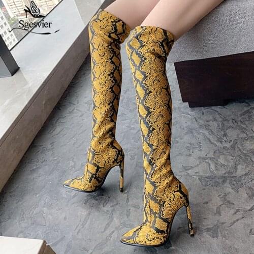 Sgesvier 2020 Thin High Heel Sexy Pointed Toe Over The Knee Boots Fashion Snakeskin PU Leather Autumn Winter Women Shoes Size 43