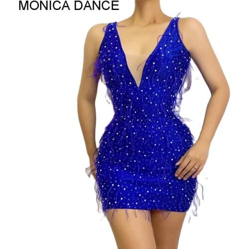 Women Sexy Stage Sparkly Dress Competition Show Blue Tassel Short Dress Sleeveless Latin Dance Show Performance Party Prom Dress