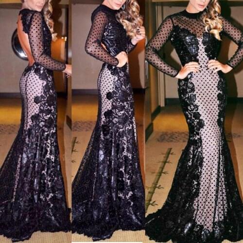 2021 Long Dress Elegant Sexy Party Maxi Dresses Women Sexy Lace Long Sleeve Backless Fishtail Evening Party Floor-Length Dress