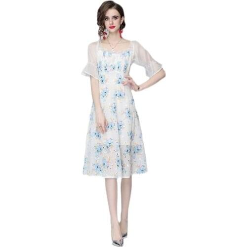 BunniesFairy 2021 Summer Women Elegant French Super Fairy Sweet Blue Flower Embroidery Floral First Love Square Collar Dress
