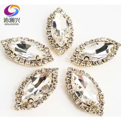 Gold bottom White color Top grade Glass Crystal buckle, eye shape sew on rhinestones with holes,Diy/jewelry accessories SWEKG01