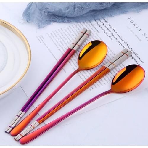 1 Set Gold Korean Stainless Steel Food Hashi Chopsticks Spoon Set Long Handle Non-slip Chopsticks Dessert Spoons Dinnerware Set