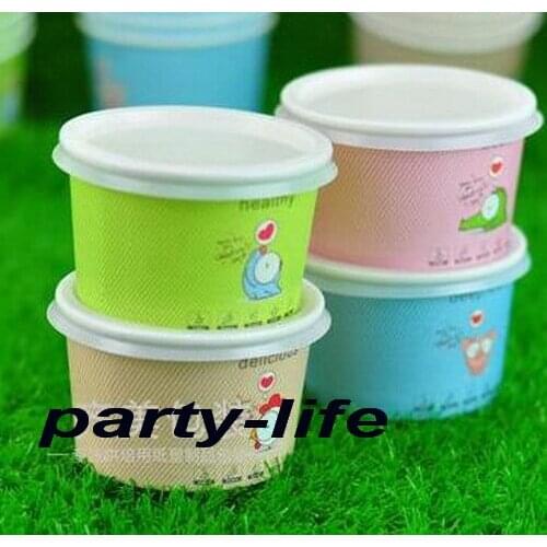 1000pcs 180ML Thick mix 4 Colors Paper Ice Cream Cup with flat white plastic Cover Disposable Dessert Cake Cup Bowl Party