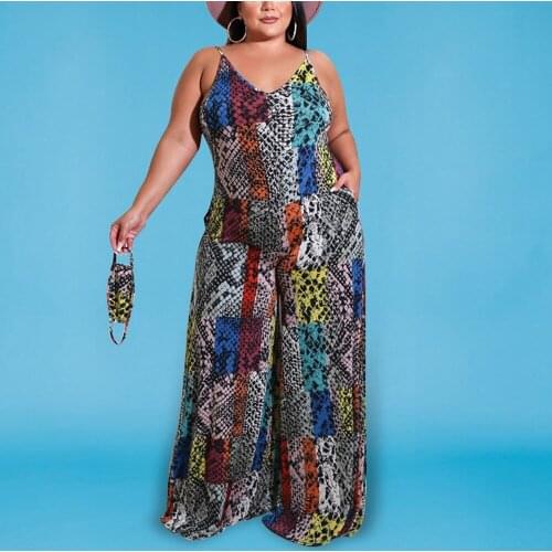 Large Womens Jumpsuits Summer 2021 Spaghetti Strap Printed Loose Wide Leg Pants Fashion Elegant Evening Night Rompers & Jumpsuit