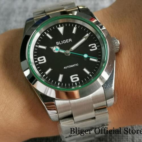 BLIGER Business Men Watch Mechanical Sapphire Glass Automatic NH35 Seeing Through Backcover Green Second hand Brushed Oyster