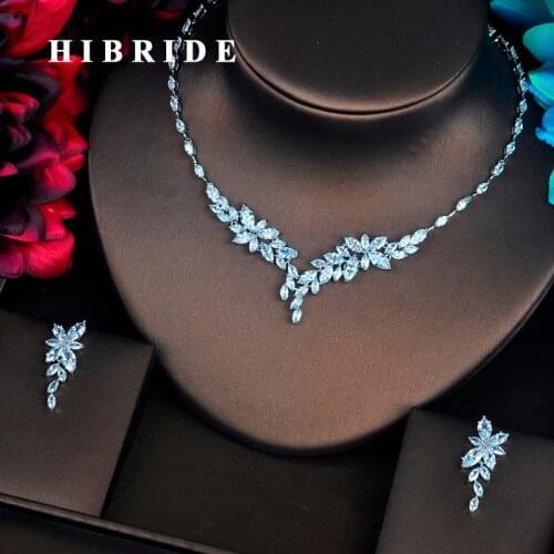 HIBRIDE Elegant Leaf Shape Shinny Jewelry Sets For Women Bride Necklace Set Wedding Jewelry Dress Accessories Wholesale N-399