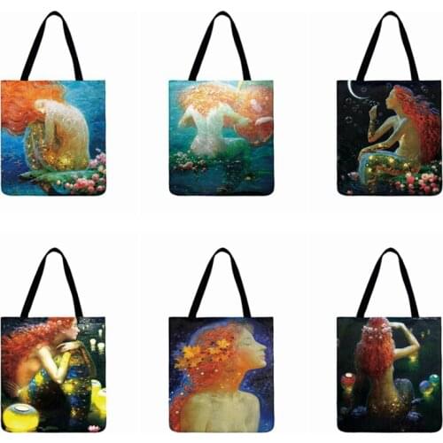 Pretty Mermaid Girl Oil Painting Print Tote Bag Women Casual Tote Ladies Shoulder Bag Foldable Shopping Bag Outdoor Beach Bags