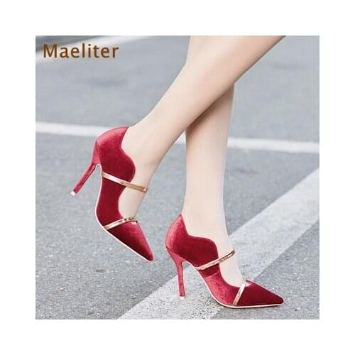 2018 Spring Summer Newest Designer Pointed Toe Dress Shoes Gold Straps Shallow Cut Party Shoes Velvet Thin Heel Pumps Patchwork