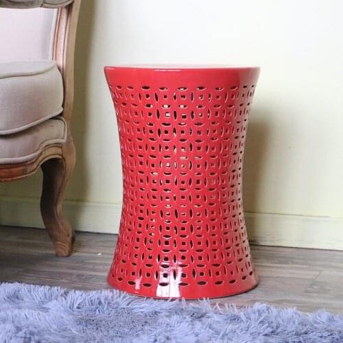New Red Ceramic Waist Drum stool Carved Hollow Living Room Shoe Ancient red Porcelain ceramic stool