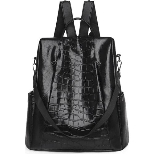 New Women Backpack Fashion High Quality Oil Wax PU Leather Multi-function Waterproof Anti-theft Alligator Ladies Bagpack Big