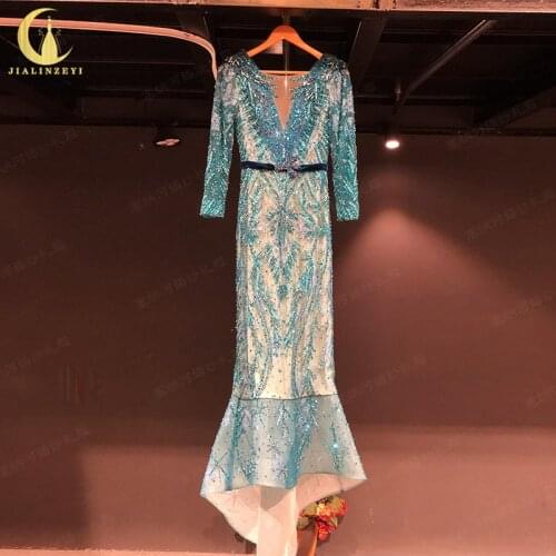 Rhine Real picture Long Sleeves Green Beads Mermaid fashion платья женские dress women evening dress long formal dresses