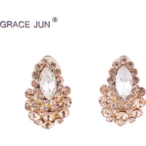 GRACE JUN Rhinestone Crystal Clip on Earrings No Pierced for Girl Engagement Wedding Bride Earrings No Hole Earrings Korea Style