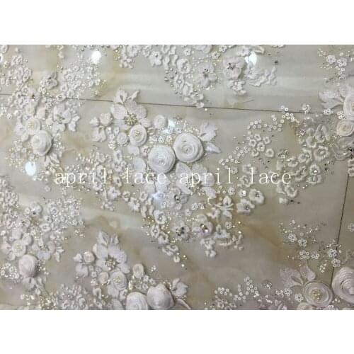5yards /lot A1389 pearls ivory stone 3d chiffon flower sequin embroidery lace fabric for wedding dress