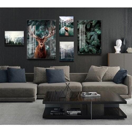 Nordic Fog Forest Deer Animal Canvas Art Poster Print Mountain Lake Landscape Canvas Painting Nature Wall Pictures Home Decor