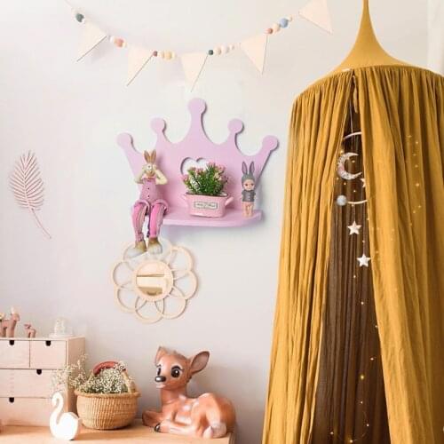 High Quality Pink Wooden Crown Wall Shelf For Princess Room Daughter Girls Room Decoration Best Gift Nursery Doll Toys Shelves