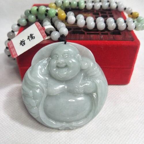 Zhe Ru Jewelry Pure Natural Jadeite Light Green Happy Buddha Pendant Tricolor Jade Bead Necklace Gift Class A National Certifica