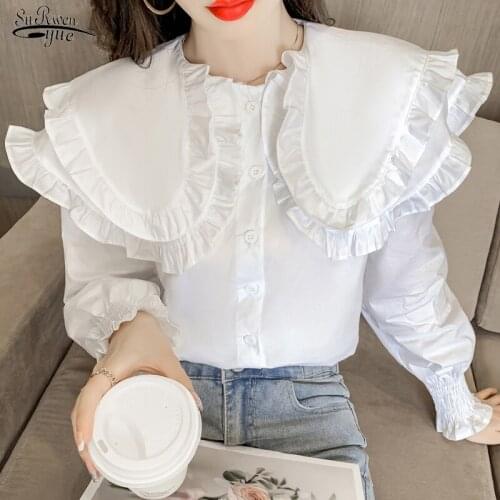 Double Layer Ruffles White Loose Women Shirt Chic Long Sleeve Elegant Blouse Vintage Fashion Korean Sweet Office Lady Tops 16966