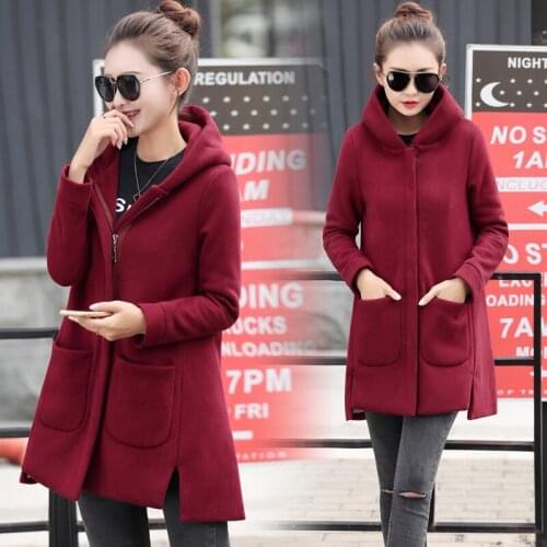 Tide Autumn Winter Womens Fleece Jacket Coats Female Long Hooded Coats Outerwear Warm Thick Female Red Slim Fit Hoodies Jackets