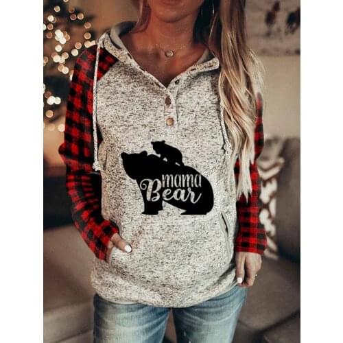 Plaid Sleeve Hoodies Women Mama Bear Graphic Sweatshirt Female Funny Cartoon Printed Shirt Ladys Drawstring Sweatshirt
