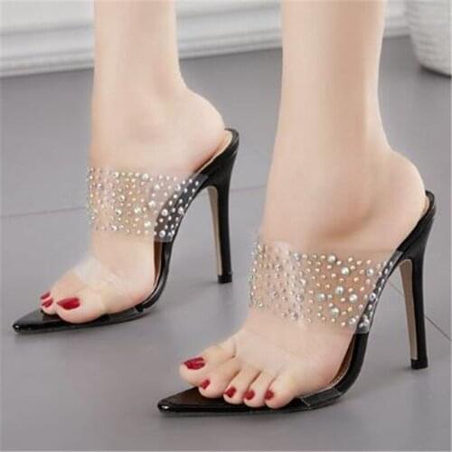 Women sandals PVC Slip On 11.5cm Thin Heels High heels Pointed Toe rivet Shallow sandal women shoes 2020 size 35-42 black