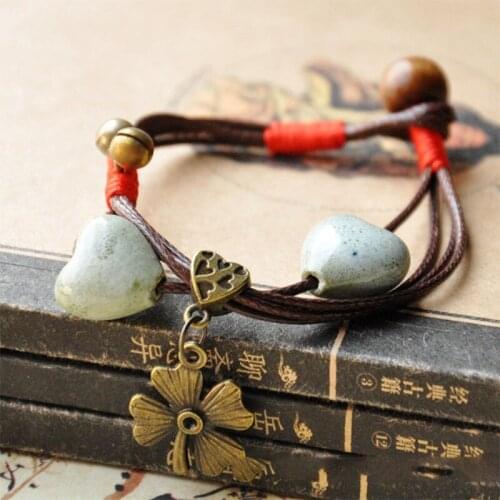 New Ceramic Beaded Multilayer Bracelets For Women Heart Shaped Beads Vintage Four Leaf Clover Charm Bracelet Fashion Jewelry