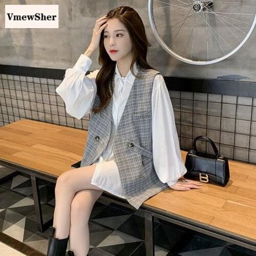 VmewSher New Women Plaid Vests Waistcoat Stylish Buttons Side Strip Outerwear Ladies Vintage Loose Sleeveless Tops Spring Autumn