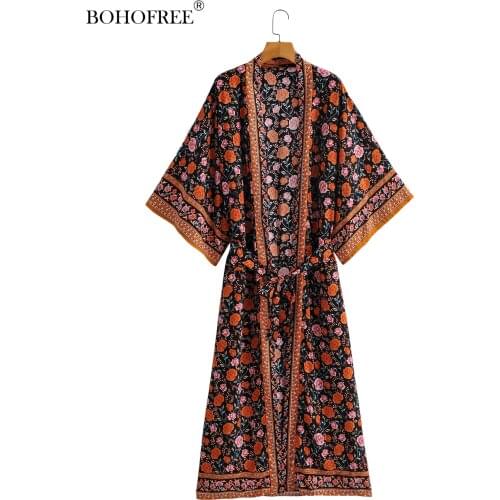 Boho Vinatge Floral Print Long Duster Rayon Cotton Robes Bohemian Maxi Hippie Wrap Dresses Women Ethnic Style Long Kimono