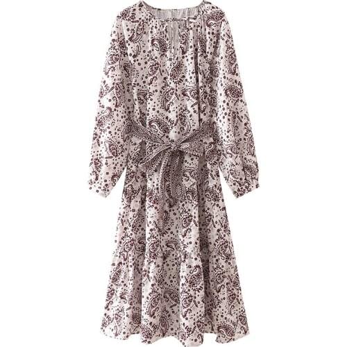 YENKYE Summer Women Vintage Print Casual Long Dress Female Lace Up V Neck Long Sleeve Sashes Loose Dress Plus Size Vestido